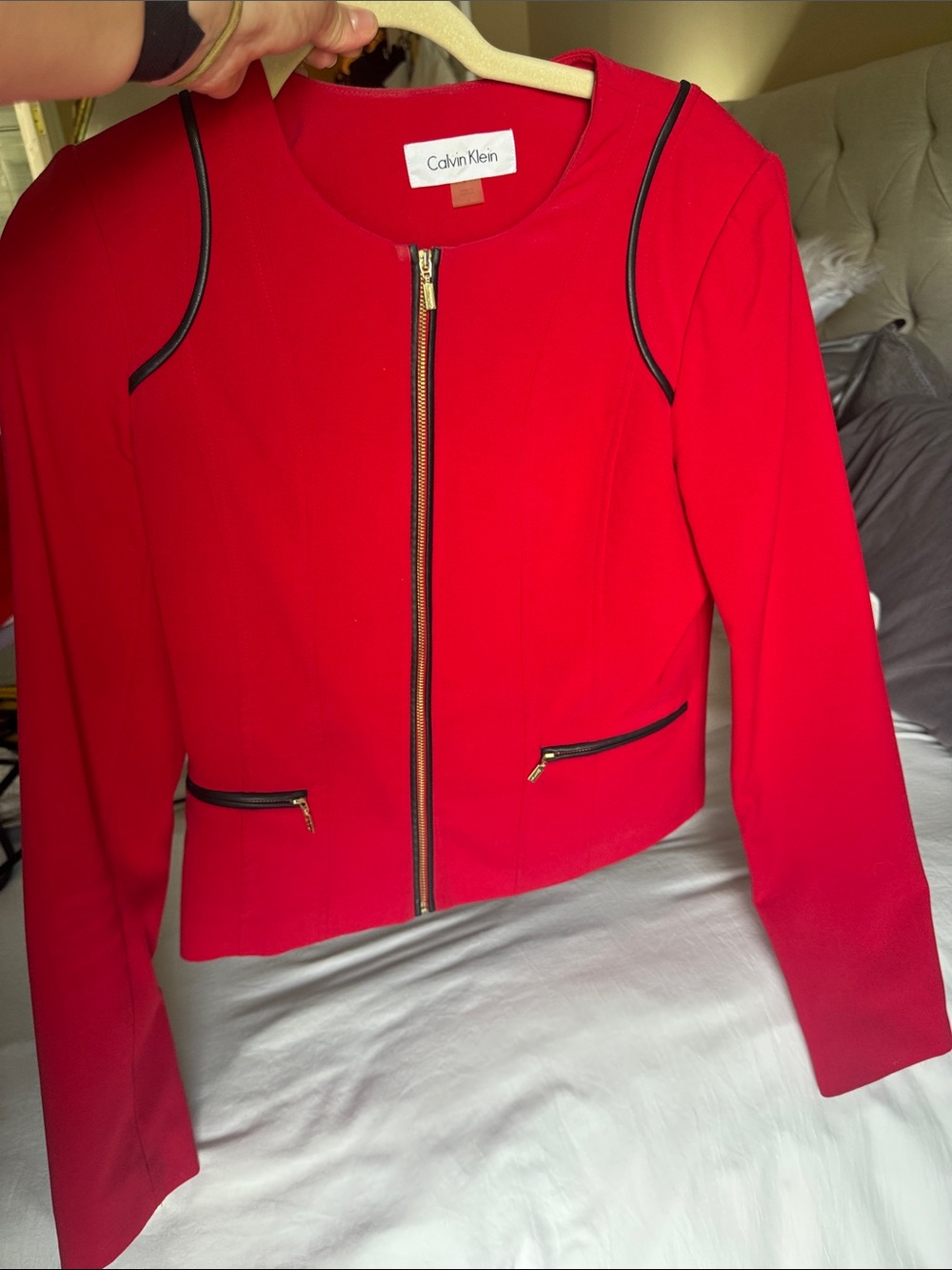 Calvin Klein Vibrant Red Zip-Front Blazer with Black Trim